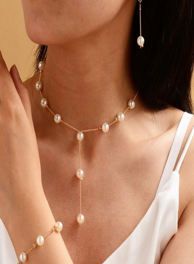 Uarein Pearl Jewelry Sets for Women Brides Wedding Faux Pearls Necklace Bracelet Earrings Set Simulated Pearls Set Adjustable Y-shaped Pearl Necklaces Dainty Bridesmaid Jewelry Gifts (Gold) - Image 2